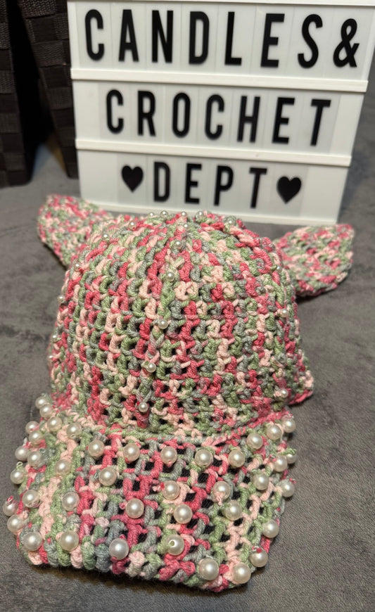 Crochet Cap W/Ears & Pearls