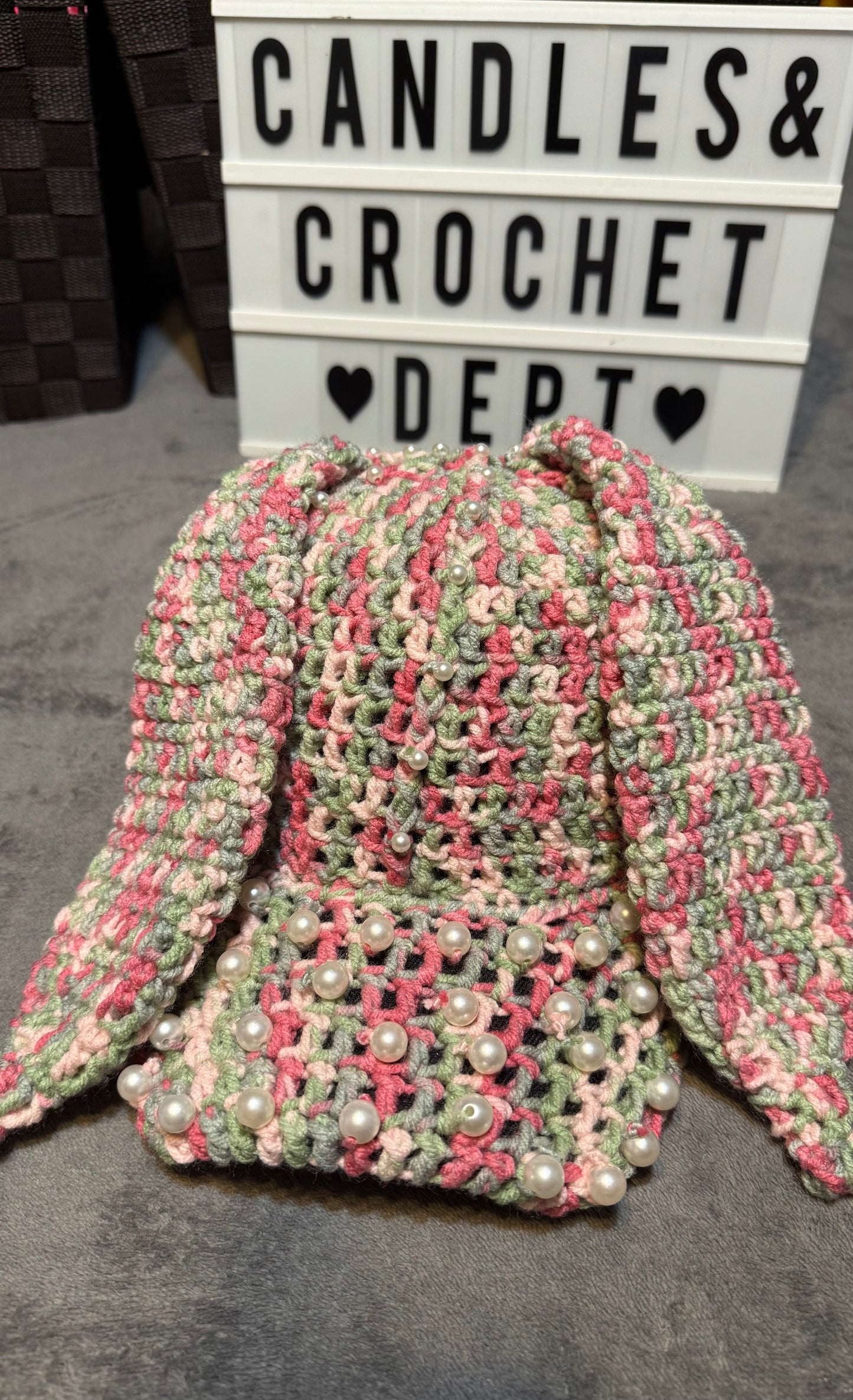 Crochet Cap W/Ears & Pearls