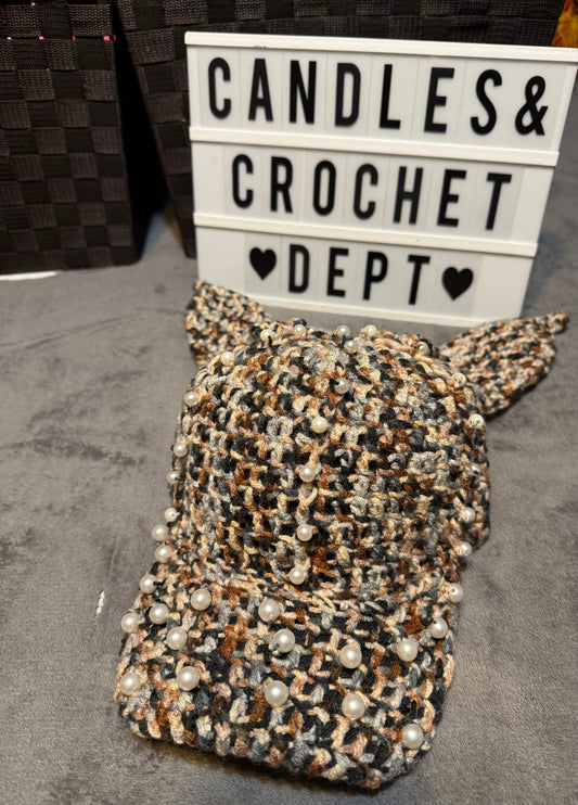 Crochet Cap W/Ears & Pearls