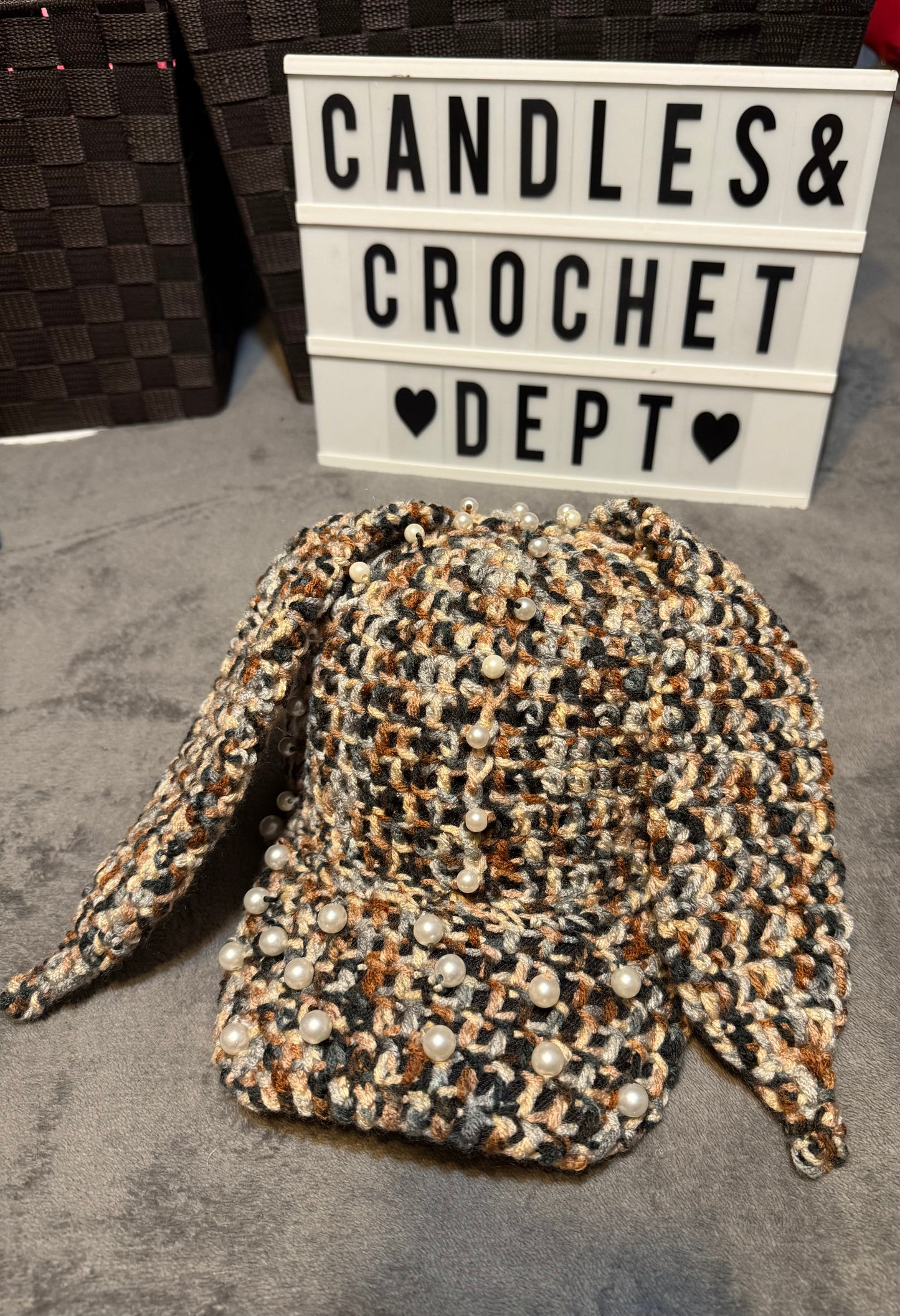 Crochet Cap W/Ears & Pearls